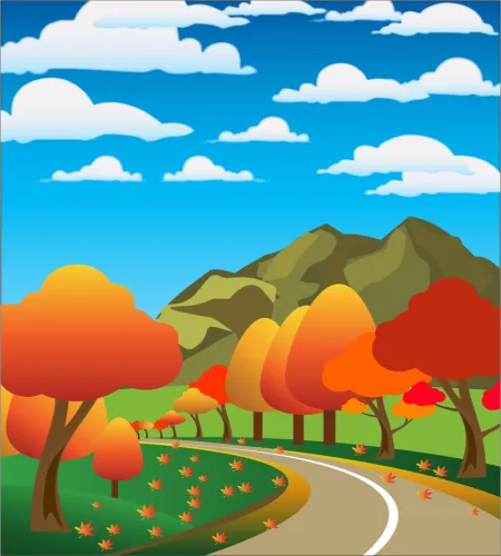 رسم اشجار وطريق وسط المروج خريف رسم اشجار وطريق وسط المروج خريف